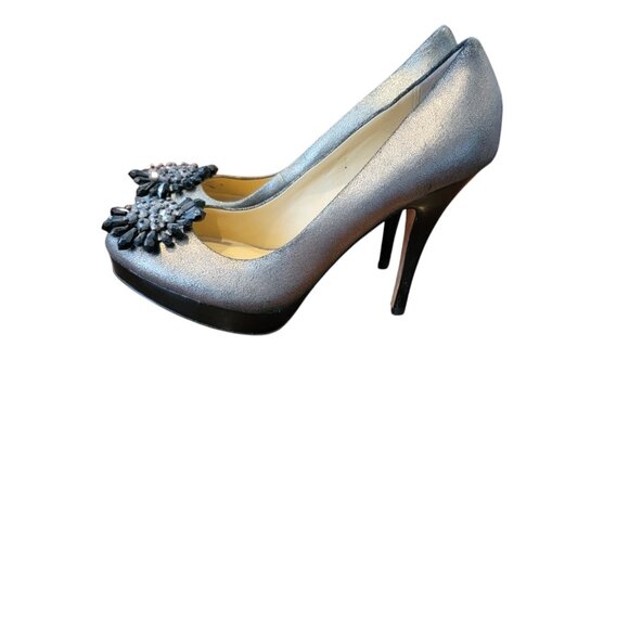 Coach Bergen Metallic Gray Pointy Toe Platform Heels with Rose Embellishment - Picture 2 of 15